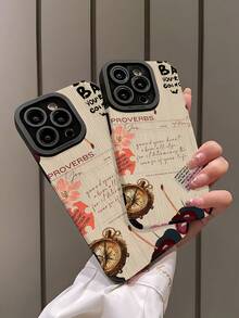 1件装 时尚樱桃罗盘拼贴图案竖条纹高端仿皮防摔防指纹防震手机壳 兼容苹果及其他型号 - 彩色 - 查看 5