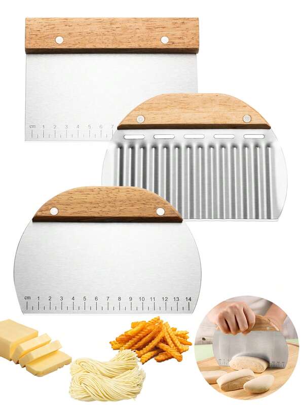 1 pieza Cortador de patatas acanalado, rebanador de acero inoxidable con mango de madera, cortador de verduras para patatas y zanahorias, raspador de masa multifuncional con escala, cortador de patatas fritas duradero con corte ondulado