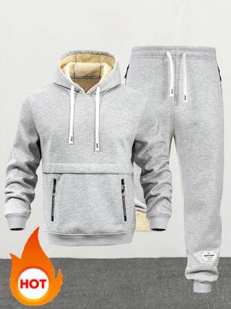 Men's Thermal Lined Sports Suit, Sweatshirt And Pants Set, Suitable For Outdoor Sports, Gym Workout, Autumn/Winter