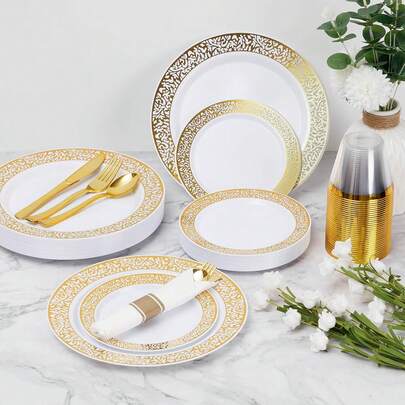 150/75/50/25/7pcs Set Gold Hollow Plates And Gold Cutlery Dinnerware Set, Salad Plates, Flatware, 10.25 Inch And 7.5 Inch Serving Trays, Suitable For Holiday Gatherings, Family Parties, Outdoor, Weddings, Restaurants