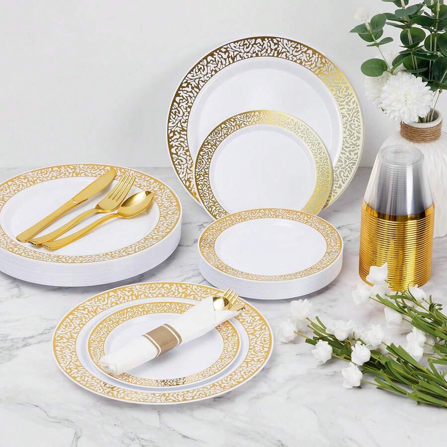 150/75/50/25/7pcs Set Gold Hollow Plates And Gold Cutlery Dinnerware Set, Salad Plates, Flatware, 10.25 Inch And 7.5 Inch Serving Trays, Suitable For Holiday Gatherings, Family Parties, Outdoor, Weddings, Restaurants