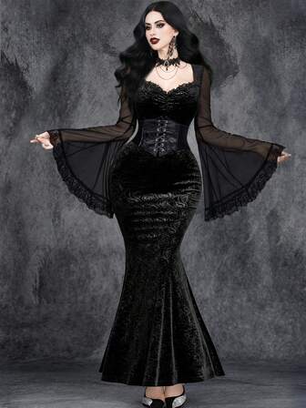 Ladies' Gothic Sexy And Elegant Halloween Ghost Bride Party Role Play Witch Costume, Lace Trim Velvet Rose Embossed Dress