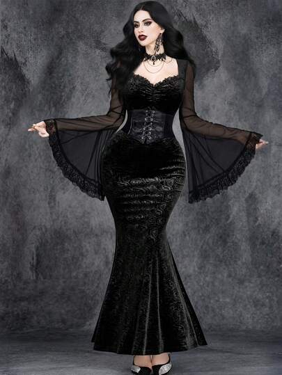 Ladies' Gothic Sexy And Elegant Halloween Ghost Bride Party Role Play Witch Costume, Lace Trim Velvet Rose Embossed Dress