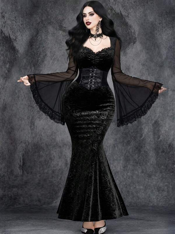 Ladies' Gothic Sexy And Elegant Halloween Ghost Bride Party Role Play Witch Costume, Lace Trim Velvet Rose Embossed Dress