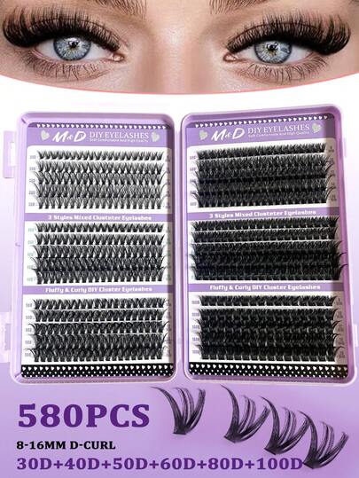 Halloween Gift 580 Pieces Eyelash Extension Set, DIY Eyelash Extension Set Single Eyelash Cluster D Curl, Multiple Styles Of Hot Melt Hair, Super Thick Eyelash Cluster, Makeup Tools, Suitable For Self-Operation At Home (30D-40D-50D-60D-80D-100D)