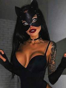 朋克猫服装套装，配有眼罩、心形颈链和仿皮手套 - 非常适合万圣节派对、漆皮舞会（图 1 或 7 中的面具将随机发货） - 彩色 - 查看 10