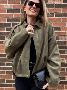 Women's Bomber Jacket Spring Coat Loose Long Sleeves Zip Vintage Jacket Ladies New Jacket Green Outerwears