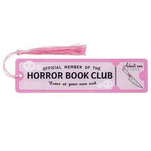 Horror-Themen Papier Lesezeichen, dunkler und mysteriöser Stil, dekoriert mit roten, rosa und lila Quasten, mit schockierendem Text, geeignet zum Markieren von Seiten in Horror-Literatur, um ein immersives Lese-Erlebnis für Horror-Fans zu schaffen