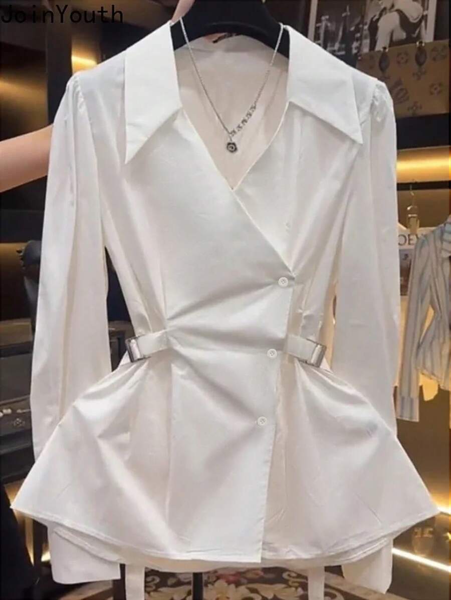 Women's Elegant Waist Design Long Sleeve Blouse, Solid Color Woven Fabric, Suitable For Office And Everyday Wear, Spring/Summer - White - View 1