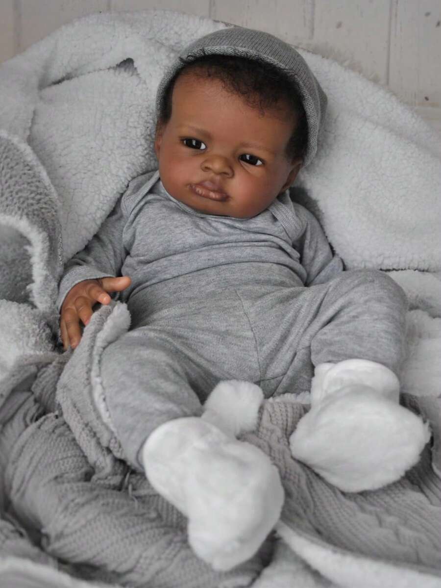 20 Inch Lifelike Black Reborn Baby Doll - 50cm African American Soft Cloth Body Baby Doll - Realistic Cute Newborn Handmade Art Toy Doll - Gift For Kids Ages 3+ - 彩色 - 查看 1