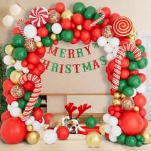 Christmas Balloon Wreath Arch Set, Including Christmas Green, 98pcs Red And White Candy Balloons And Cane Balloons, Suitable For Christmas Party Decoration