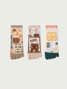 1/3/5 双女式卡通图案分趾袜，时尚中筒袜，百搭可爱长袜，适合春、秋、冬 - 彩色 - 查看 11