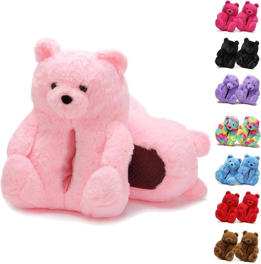 Bashful Teddy Bear Plush Slippers For Women,Pig Slippers,Cozy Plush Animal Slipper With Face-Pawing Shy Design,Non-Slip Fuzzy Winter Indoor House Shoes, Birthday Christmas Gift Ideas (US Sizes 9-12)Christmas - A01-粉紅色泰迪熊 - 查看 1