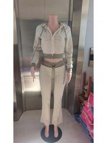 Women's Contrasting Color Waistband Splicing Micro Flared Knitted Sweatshirt, Slim Fit And Fitness Pants, Casual Pants, Sports And Leisure Set, Two-Piece Set - 灰色 - 查看 6