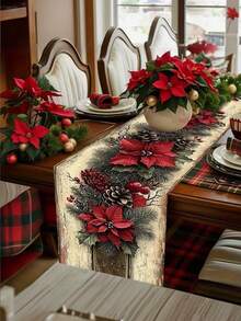 1pc, Retro Christmas Theme Table Runner With Red Poinsettia And Pinecone Design, Rectangular Holiday Dining Decor For Christmas, New Year, Winter Party Decoration, Christmas Table Ranner - متعدد الألوان - مشاهدة 5