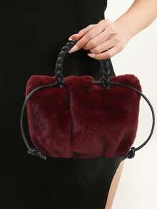 BAILEE Fashionable Elegant Versatile Soft Smooth Solid Color Artificial Ferret Plush Cloud Bag Fried Dough Twists Double Handle Magnetic Suction Women's Handbag White-Collar Workers Perfect For College&Work&Business&Commute&Outdoors&Travel&Outings&Office&Perfect For Work&Shopping&Gifts To Friends - Burgundy - View 3