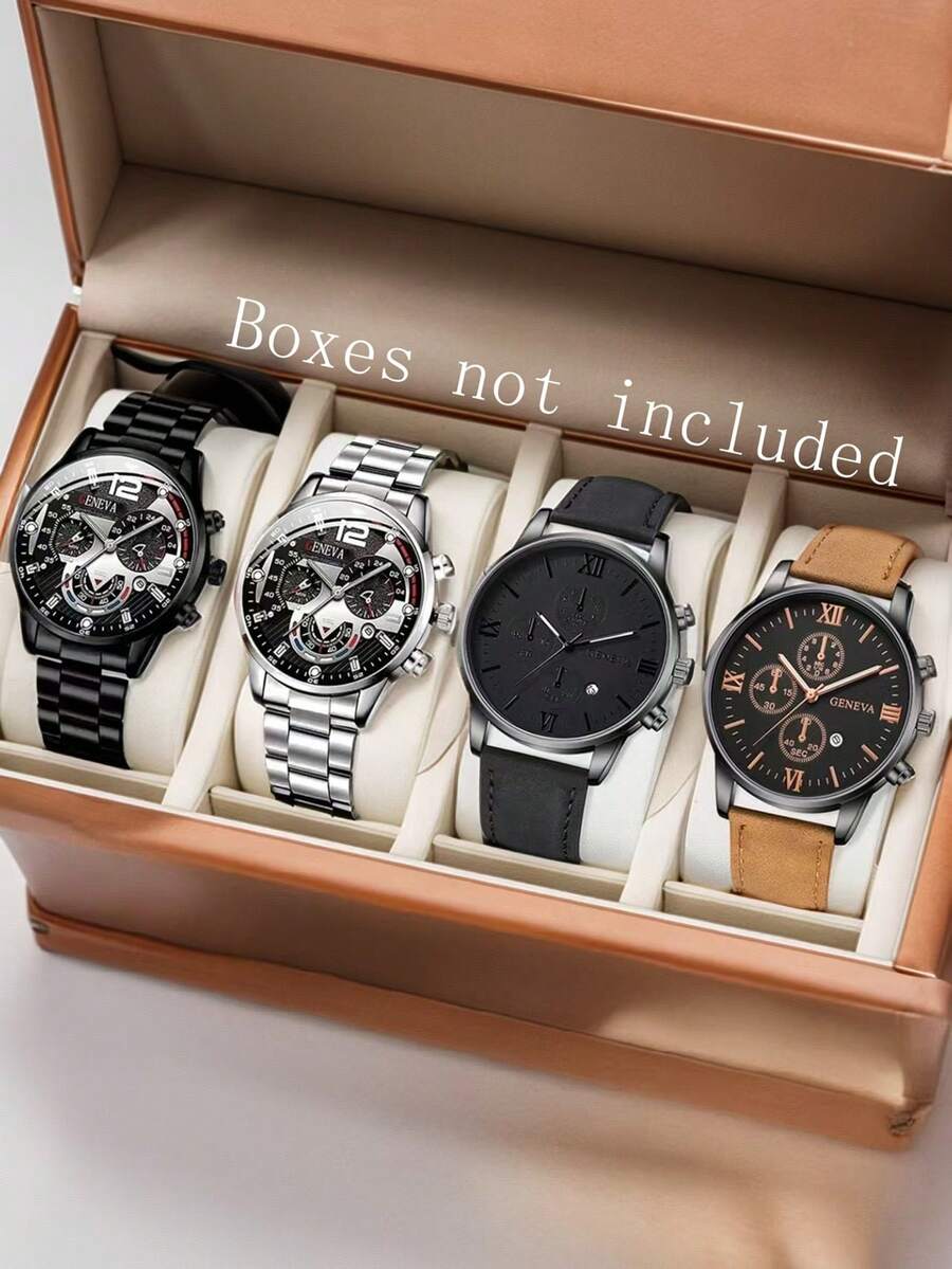 4 件男士时尚休闲商务混合刻度带日历功能圆形表盘石英表组合套装适合日常佩戴或节日送礼 - 彩色 - 查看 1