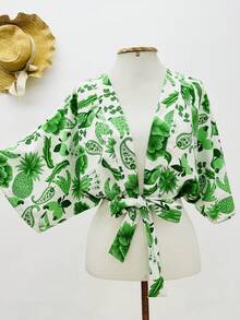KISTYLE Crepe Blouse With Batwing Sleeves And Tie - Green - View 1