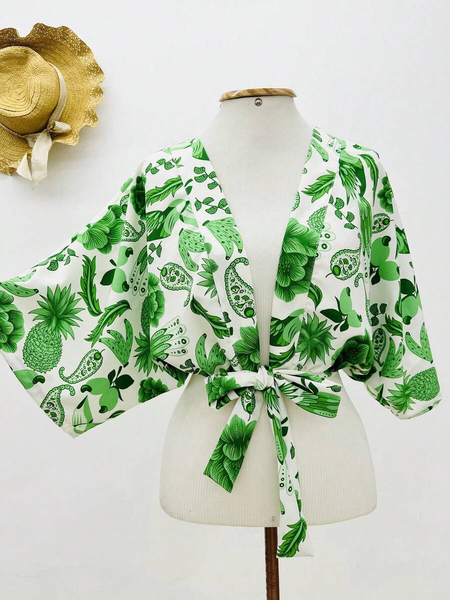 KISTYLE Crepe Blouse With Batwing Sleeves And Tie - Green - View 1