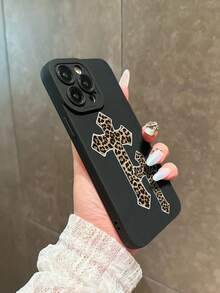 1pc Leopard Print Cross Pattern Full Coverage Black Soft Silicone Anti-Slip Phone Case Compatible With IPhone 11, 12, XR, 13, 13 Pro, 13 Pro Max, 14, 14 Pro, 14 Pro Max, 15, 15 Pro, 15 Plus, 15 Pro Max, 16, 16 Pro, 16 Plus, 16 Pro Max - Multicolor - View 3