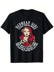 Camiseta con eslogan de pelirroja divertida - "Dulce como caramelo y loca como el infierno" camiseta gráfica con diseño floral, 100% algodón ligeramente elástica, camiseta casual unisex para mujeres y hombres, tallas S-XXXL, ropa de fácil cuidado| Top de Estampado Juguetón, Camisetas Lindas - Negro - Ver 2