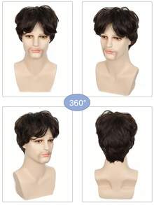 男士短款棕色假发帅气男士日常服装合成全假发自然棕色假发 - 巧克力棕 - 查看 2