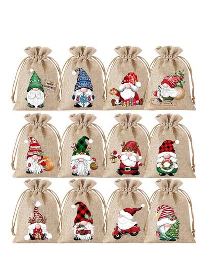 24 件圣诞粗麻布礼品袋 | 圣诞老人亚麻束口袋套装，适用于节日派对礼物和珠宝收纳 - 适合圣诞节和新年派对用品