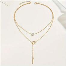 1pc Multi-Layer Gold Crystal Pendant Y-Necklace, Elegant Vertical Bar & Round Hammered Pendant Clavicle Chain For Women