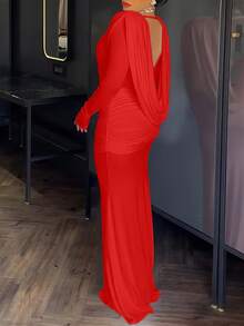 ChicMe 优雅女士褶皱高领长连衣裙，纯色长袖修身露背休闲派对鸡尾酒晚礼服 - 紅色 - 查看 3