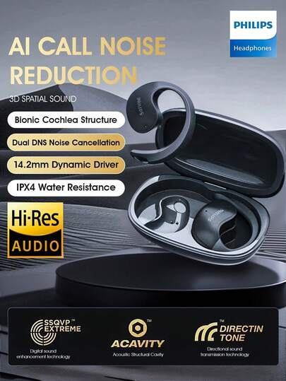  Philips True Wireless Earbuds, TAT2708, Open-Ear Clip Design, Premium Sound Quality, Fit for Sports, Noise Reduction