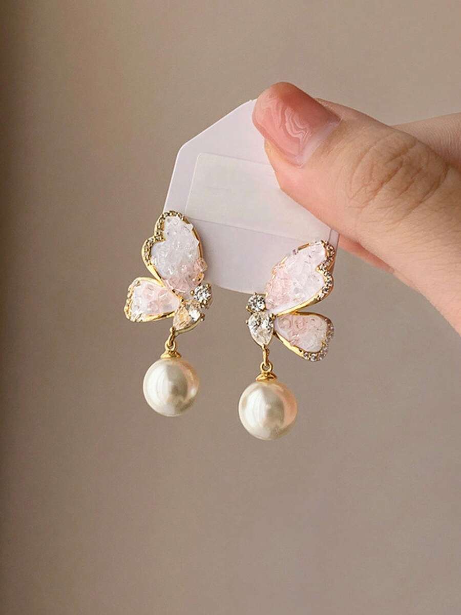 1 Pair Korean Elegant Pearl Flower Vintage Stud Earrings, Niche Personalized Versatile Jewelry Accessories - 蝴蝶型 - 查看 1