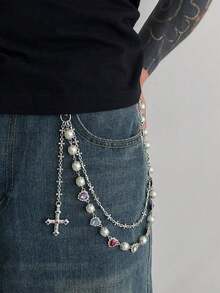 1pc Retro Luxurious Multi-Layer Rhinestone Imitatation Pearl Pants Chain, Cross Body Chain, Pants Decoration For Men - Heart-shaped Zipper - View 2