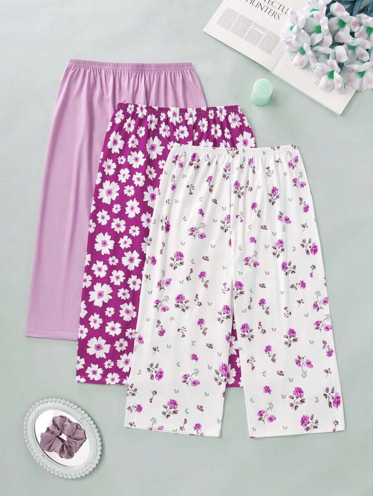 3 piezas Pantalones y shorts casuales de mujer 7/8, con estampado de margaritas, rosa y unicolor, cintura elástica, pantalones de pijama holgados - Morado - Añade 2