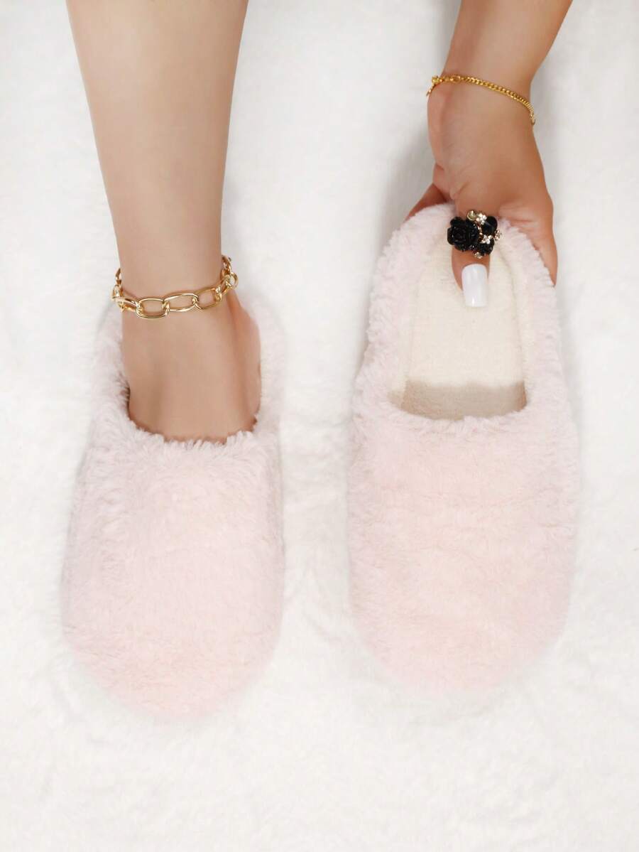 Pantuflas de casa de mujer de color rosa con plumas, calcetines para cubrir el piso interior, pantuflas cálidas y ligeras para el dormitorio en invierno, zapatos con pelaje - Rosa - Ver 1