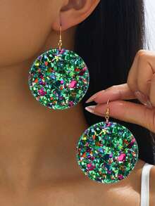 1 par de pendientes colgantes redondos retro con geometría multicolor y brillo, accesorio versátil para vacaciones, fiestas y regalos - Verde - Ver 6