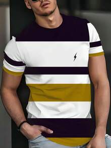 Men's Casual Round Neck 3D Striped Lightning Print T-Shirt, Breathable And Comfortable, Machine Washable. 100% Polyester, Lightweight Breathable Fabric, Suitable For Summer Wear - Multicolor - View 3