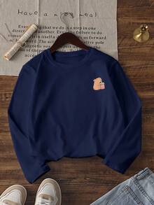 1 pieza Camiseta de manga larga con cuello redondo y estampado de caballo casual para niñas en el Día de San Valentín, ropa de otoño para estudiantes y niños pequeños - La llamativa camiseta con estampado de caballo definitivamente hará sonreír a la niña preadolescente - Azul Marino - Ver 3