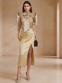 Amyenjoylife Modern Filipino Style, Elegant Embroidered Floral Puff Sleeve Short Jacket - Coffee Brown - View 3