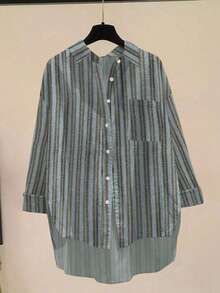 Women's Casual Retro Striped Front Button Down Collar Long Sleeve Loose Blouse, Fashionable - Blue - View 6