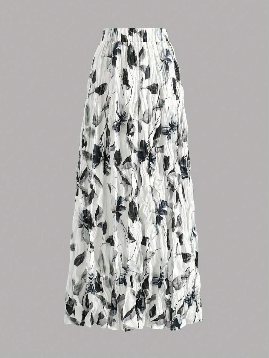 Women's Fashionable Printed Pleated Skirt, Versatile And Elegant Loose Fit, Slimming - 黑與白 - 查看 1