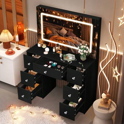 Modern Dresser Desk With LED Lighted Makeup Mirror And 7 Drawers Bedroom Dresser - Perfect For Organizing Makeup, Skincare, Elegant Vanity|Decorative Vanity, Vanity Furniture, Compact For Small Space, Bedroom Decor Gift , Suitable For Christmas And Halloween Decorations
