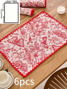 1/4/6pcs Vintage American Country Style Red Butterfly & Floral Jacquard Rectangular Placemats, Perfect For Daily Use, Holidays, Christmas, Parties, Family Gatherings, Weddings, Dinners, Home Decor, All Seasons - Red - View 14