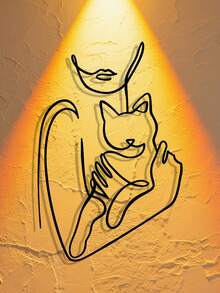 1 szt. Elegancka, kuta, żelazna dekoracja ścienna z kotem – minimalistyczny rysunek liniowy kobiety trzymającej kociaka, czarny metalowy element wystroju salonu/sypialni/biura/kuchni, idealny prezent dla miłośników kotów i zwierząt, 2D płaski wystrój pokoju