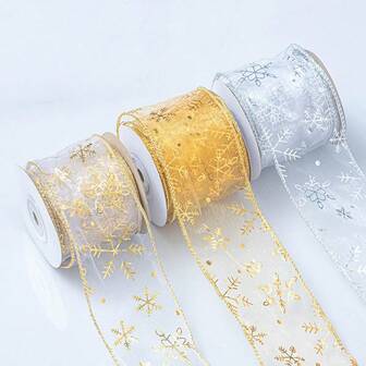1 件带金属丝边的金属雪花欧根纱丝带、圣诞装饰丝带、闪光粉编织丝带、蝴蝶结制作材料（不含线轴）