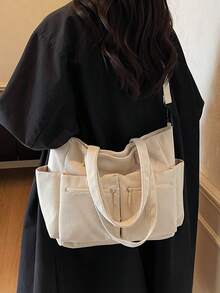 1 件米色多口袋实用手提包，简约时尚，大容量，适合学校/大学生的单肩包，拉链开合，休闲手提包，多功能手提包，通勤和旅行存储解决方案，简约纯色手提包，轻松搭配各种服装 - 米色 - 查看 7