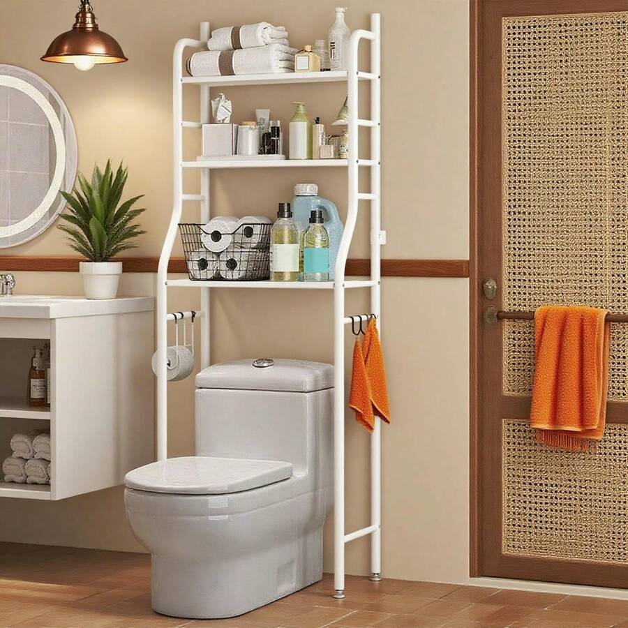Dragonpad Over The Toilet Storage For Bathroom, 2Tier/3Tier Stainless Steel Or Iron Over Toilet Organizer Rack, Freestanding Above Over Toilet Storage Shelf With Hooks And Paper Holder For Bathroom - White Iron-3 Tier - View 1