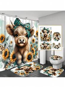 1/4 pièces Ensemble de rideaux de douche à motif floral et vache, cadeau pour la fête des mères, décoration d'intérieur, printemps/été, décoration de vacances, accessoire de salle de bain haut de gamme, durable et imperméable, lavable en machine, 12 crochets inclus, séparateur de baignoire et conception facile à nettoyer pour une expérience de salle de bain rafraîchissante, décoration de salle de bain, décoration de Noël