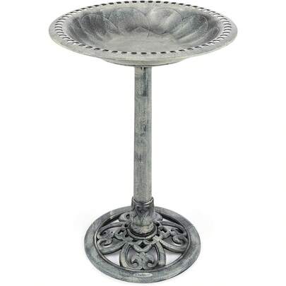 Plastic Resin Bird Bath For Garden, Round Pedestal Birdbath, Traditional Victorian Style, Rustic Metal Effect, Standing Outdoor Water Bowl, 60cm X 43cm X 43cm (Grey)