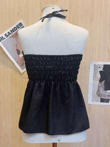 Butterfly Cropped Blouse With Ruffled Neck Tie - Negro - Ver 2