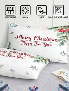 Set de pilotă cu 3 bucăți de Crăciun, desenate manual, cu crengi, frunze, fulgi de zăpadă, imprimat digital (1 husă de pilotă, 2 fețe de pernă fără miez), fibră de poliester, moale, prietenos cu pielea, potrivit pentru diferite dimensiuni de pat, ideal pentru cadouri